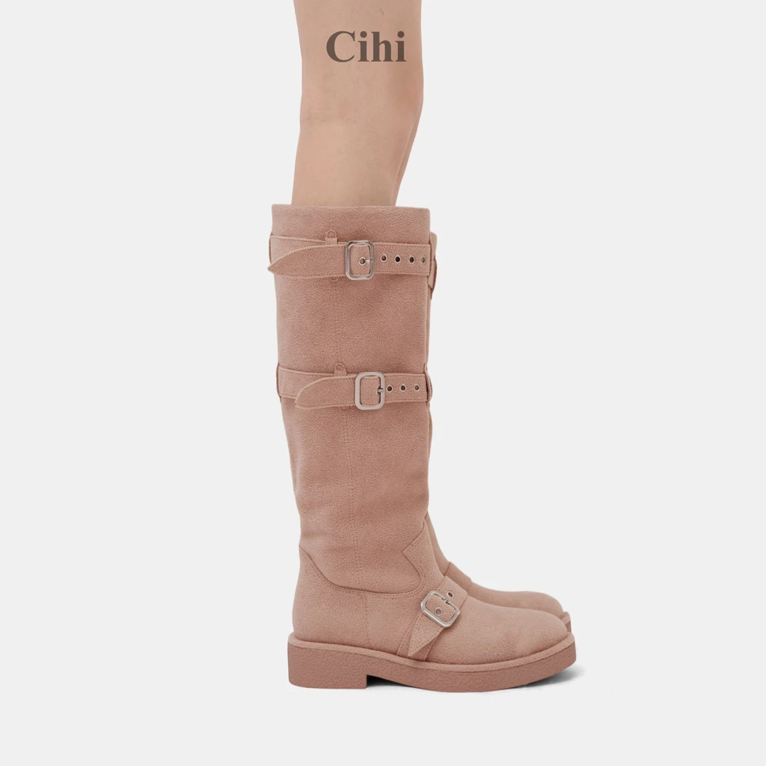 Cihi'Ventus' 原创设计 柔软多色金属扣圆头高筒靴
