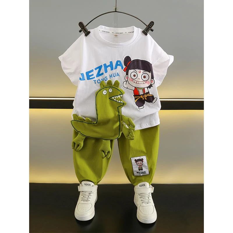 哪吒衣服男童夏季T恤短袖短裤套装2025新款痞帅哪吒网红套装儿童