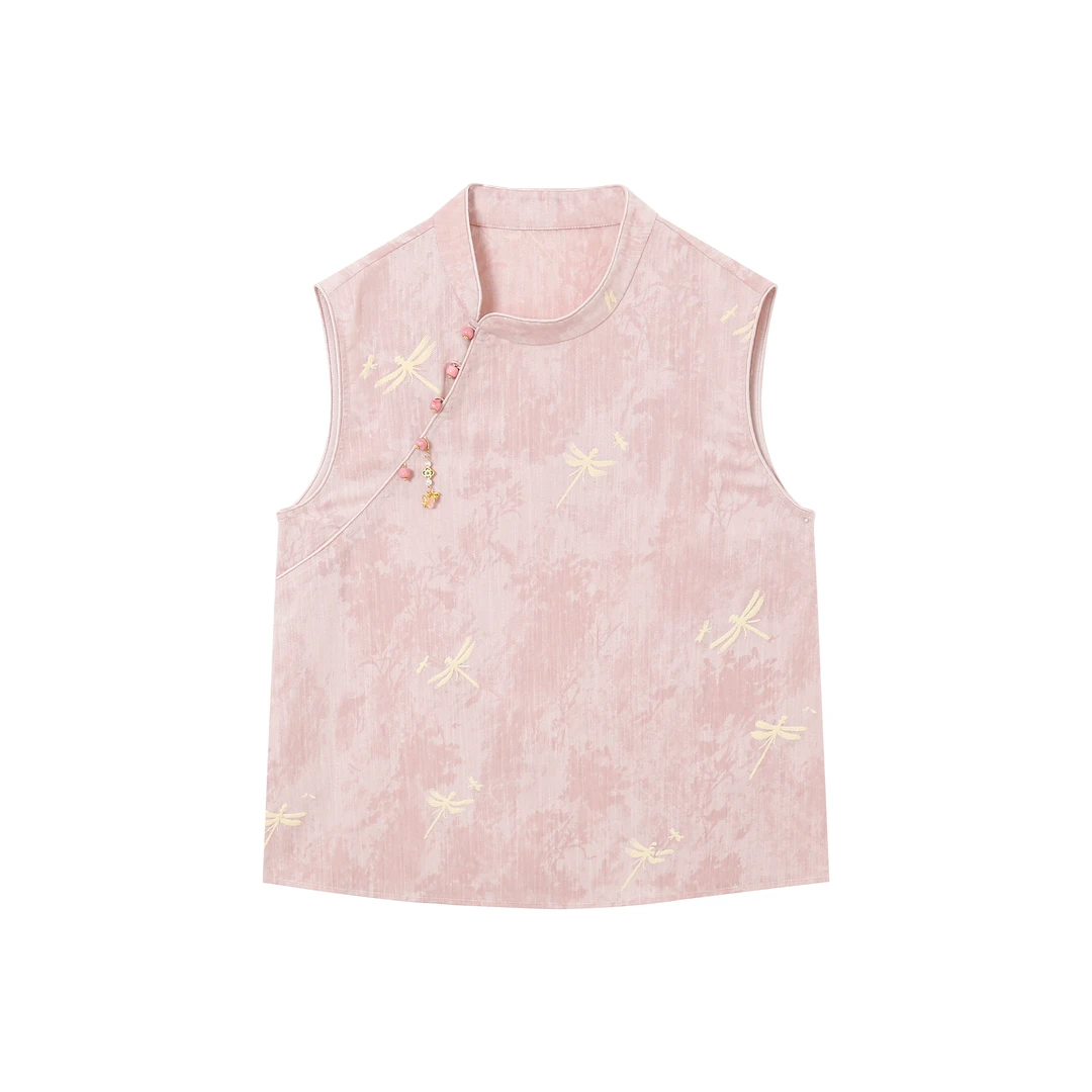 萌萌【杏雨】新中式薄款粉色女衬衫圆领提花上衣