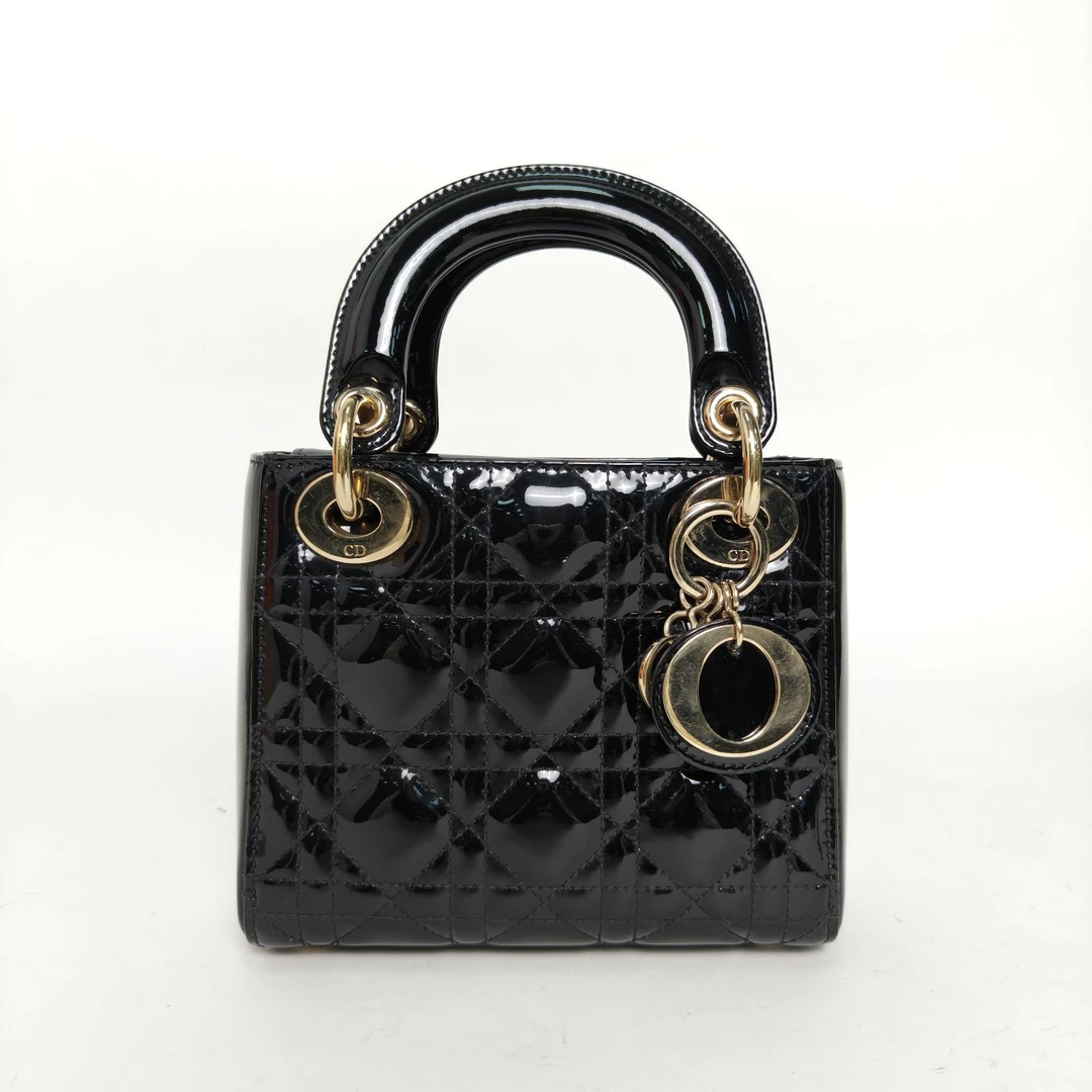 95新 DIOR/迪奥 【双攀*】Lady Dior 戴妃包 三格 黑色 漆皮 2019