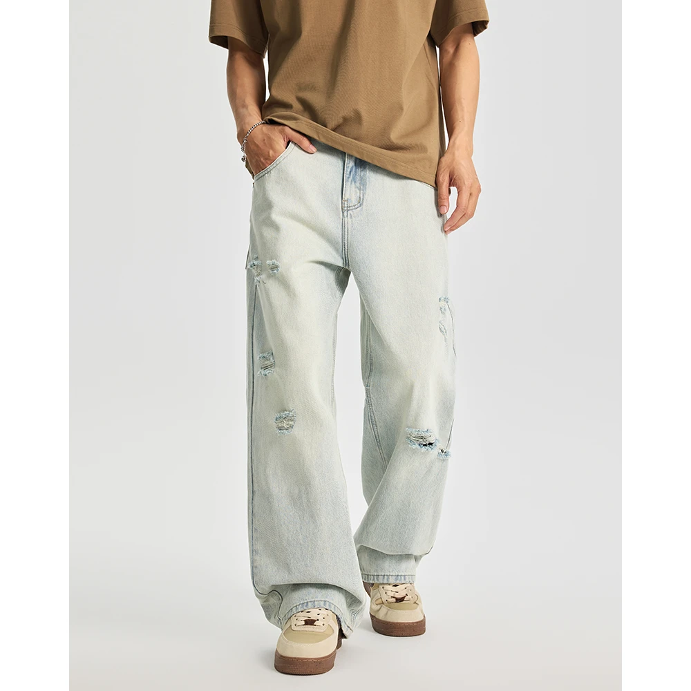 Kuvine春季新款高级极简浅色水洗小破洞复古怀旧宽松直筒牛仔裤男