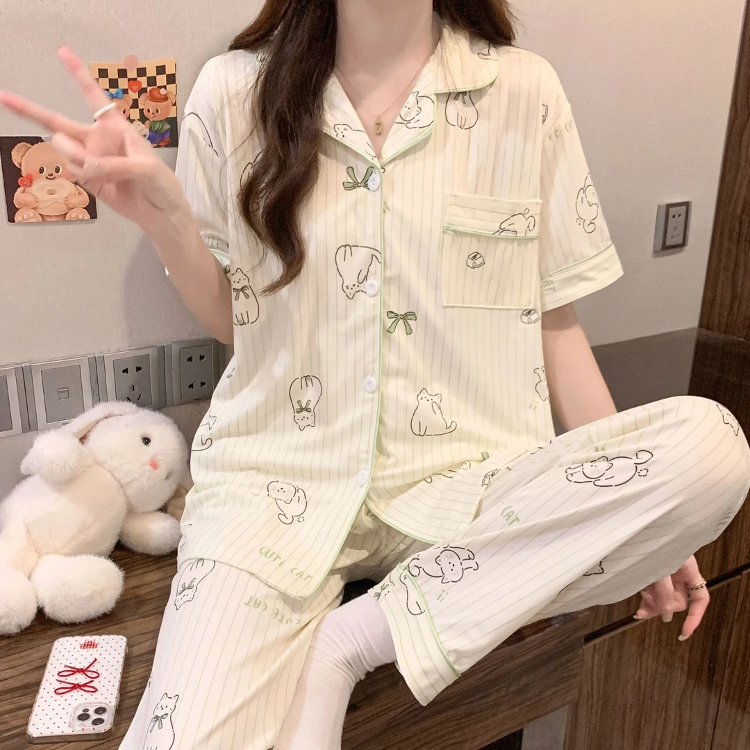 三件套睡衣女亲肤绵夏季新款短袖可爱卡通睡衣少女舒适家居服套装