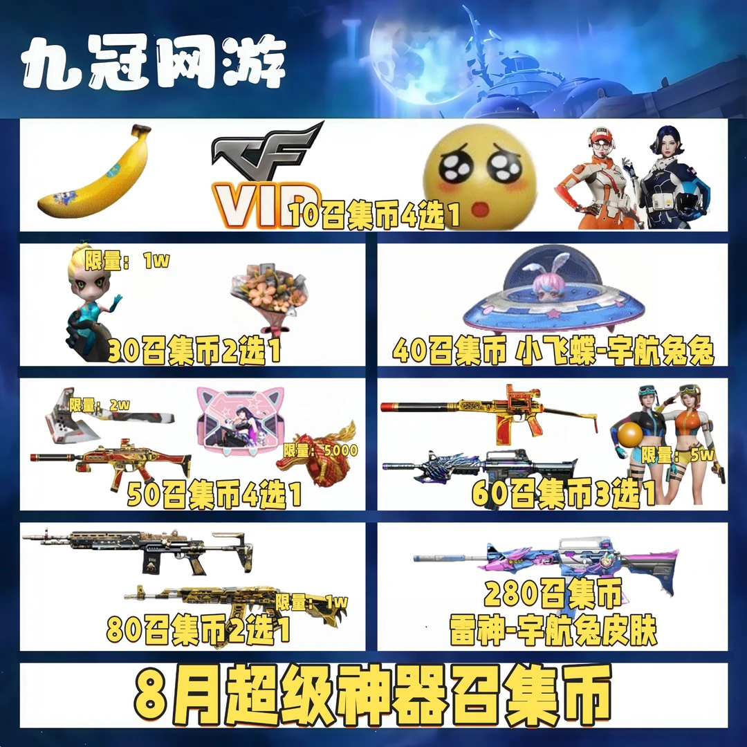 cf穿越火线商品8月召集币雷神-宇航兔兔皮肤皇龙戒迷你生化手雷