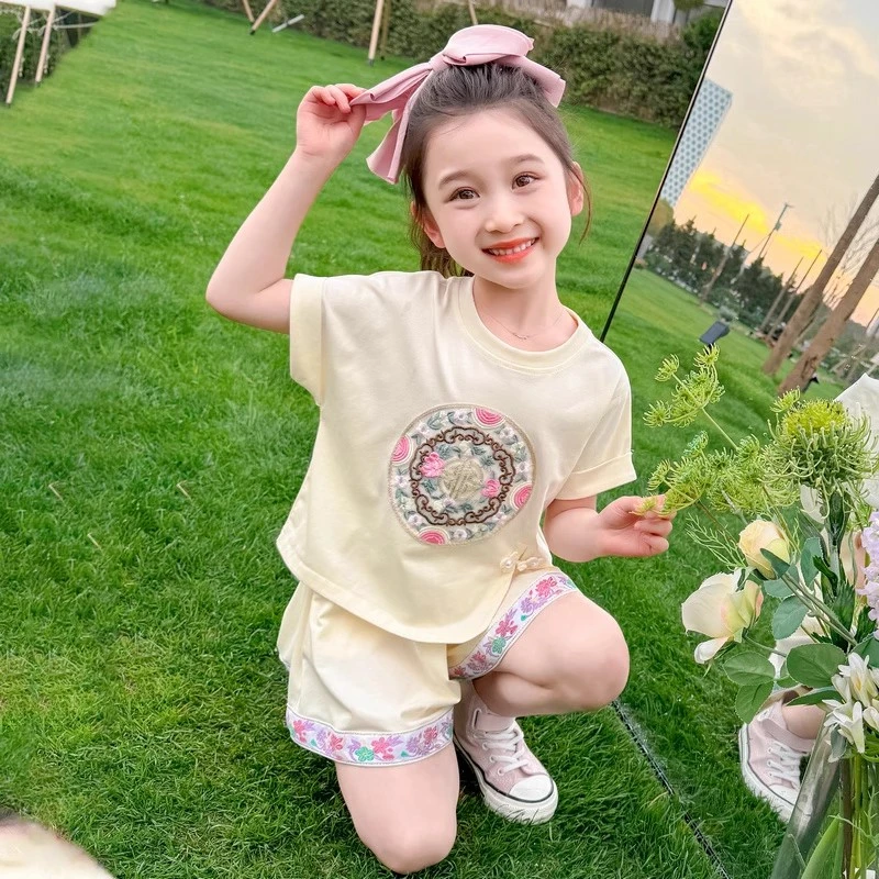 女孩国风盘扣女童套装国风儿童短袖短裤运动两件套女宝宝夏季洋气