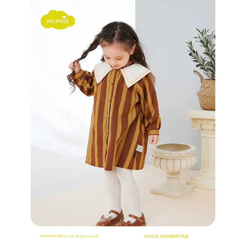 moimoln小云朵童装春秋新款女童条纹拼色大翻领连衣裙时尚裙子
