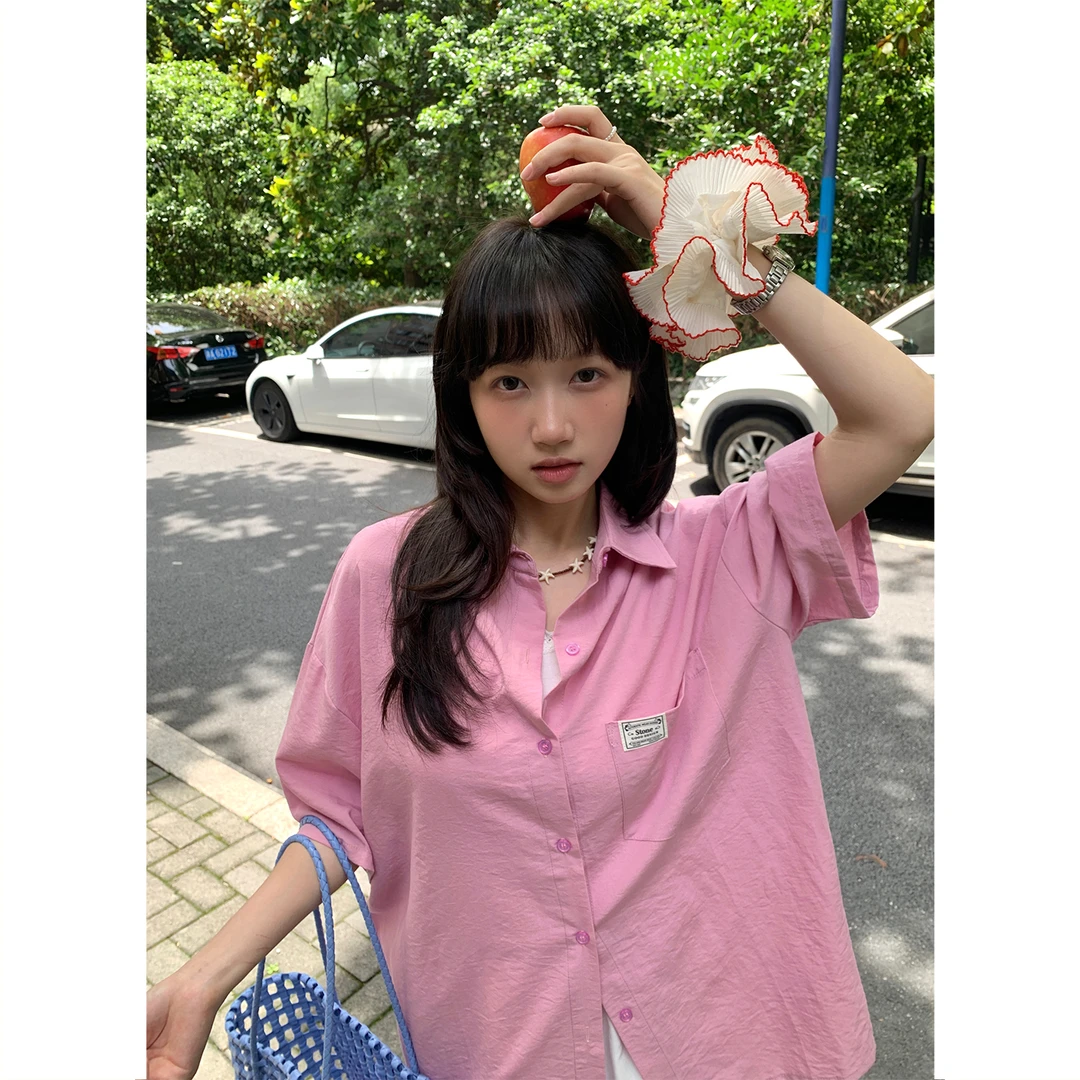 NIDEBLACK韩系少女小标装饰简约宽松短袖衬衫女夏款休闲百搭时尚