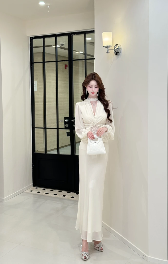 【光雅和秋】泡泡袖法式V领收腰连衣长裙251544