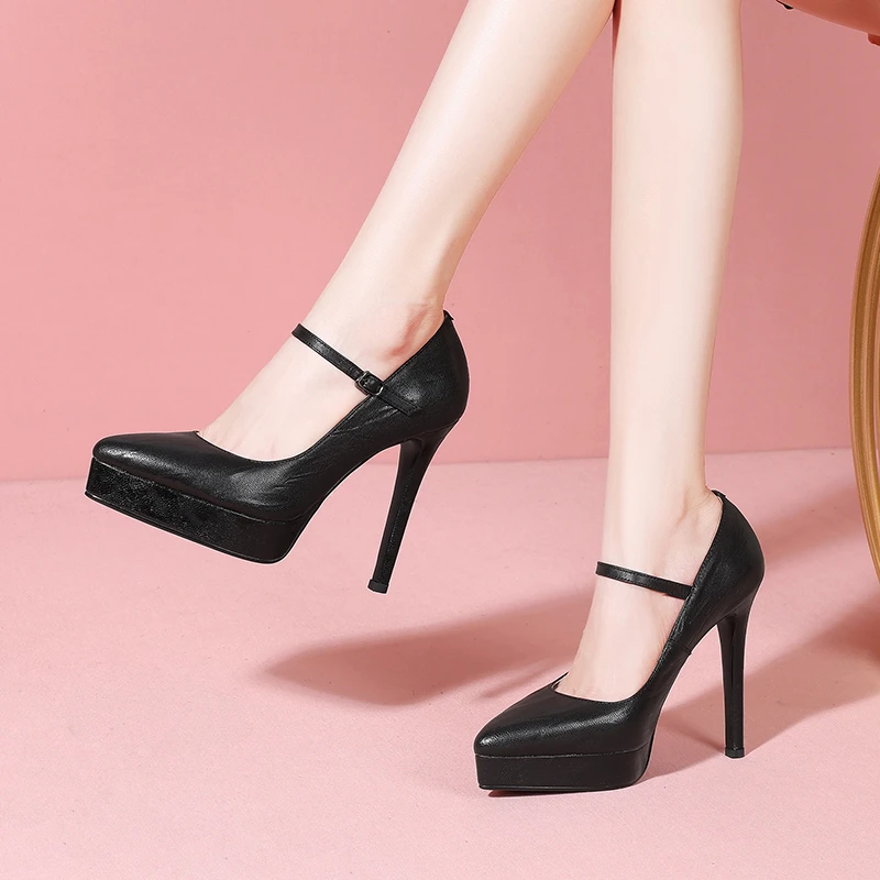 细跟尖头高跟鞋女真皮气质百搭春秋新款防水台玛丽珍浅口单鞋洋气