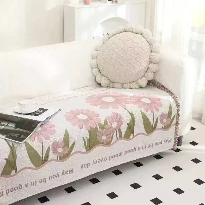 90*200粉色花朵雪尼尔➕汉麻沙发盖布四季通用沙发套万能毯沙发巾