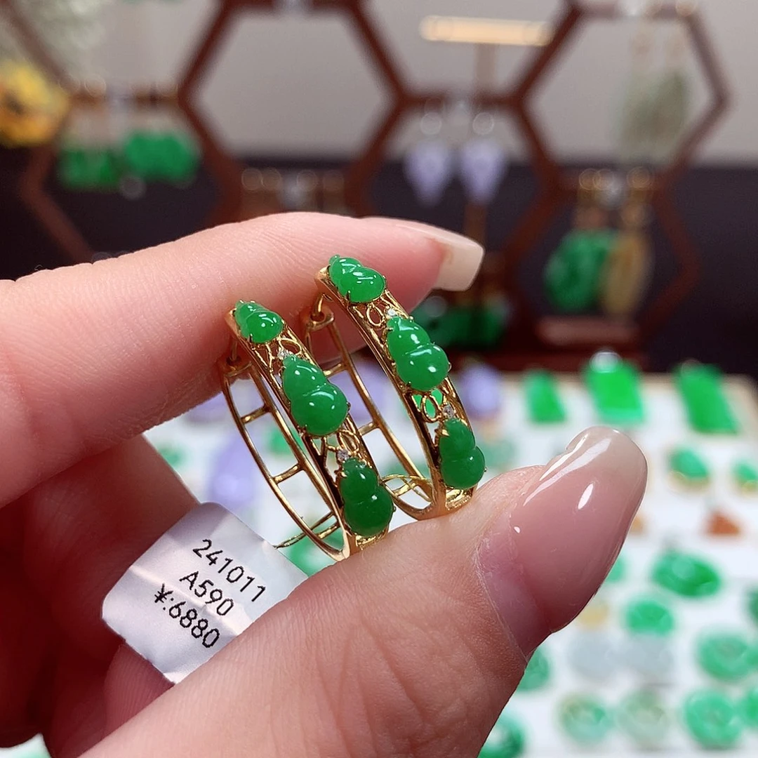 翡翠耳饰18K金镶嵌天然翡翠