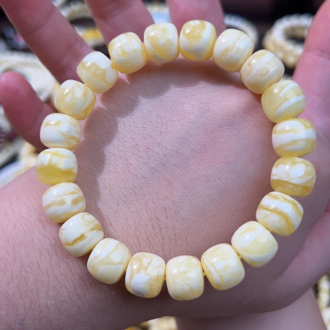 琥珀未镶嵌手串12m金白妖虎皮纹蜜蜡手串