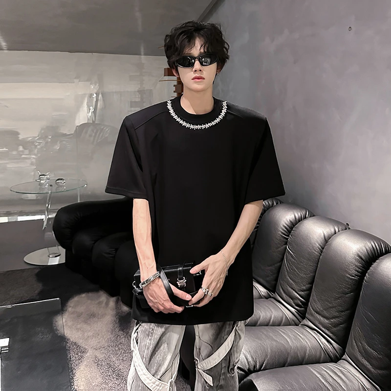 夏季法式小香风链子装饰短袖T恤男小众手工钉钻嘻哈半袖垫肩t恤