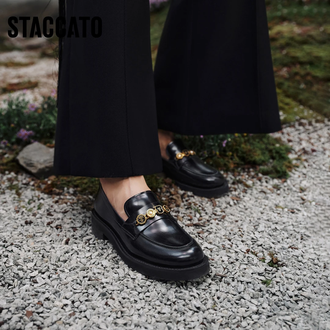 思加图2025新款流光风四便士乐福鞋英伦风黑色小皮鞋女鞋9UL01AA5