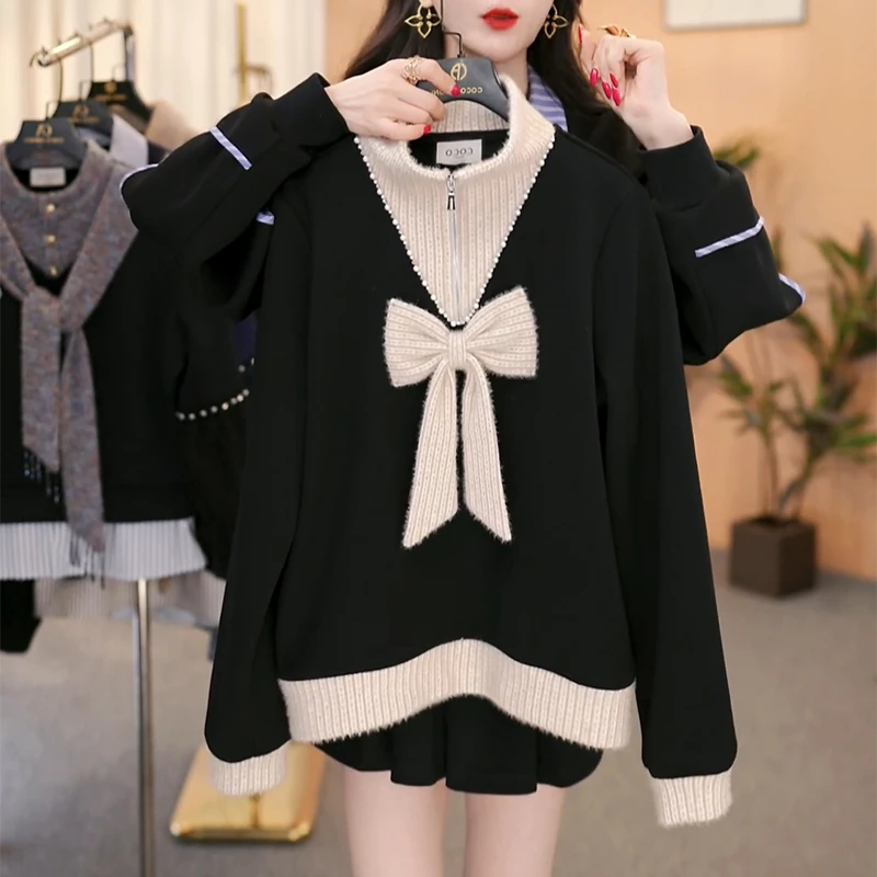 蝴蝶结拼接卫衣女半高领拉链2025冬新款设计感百搭小众甜美女上衣