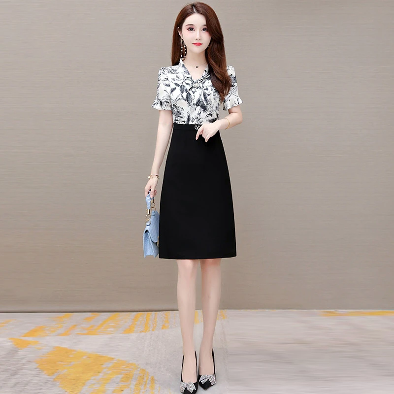 雪纺碎花裙子女士夏季新款假两件高档洋气连衣裙妈妈气质减龄职场