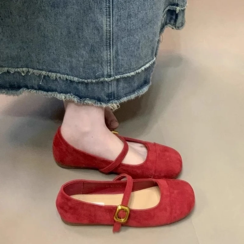 红色浅口单鞋女2025年新款法式复古温柔仙女玛丽珍鞋一字扣豆豆鞋