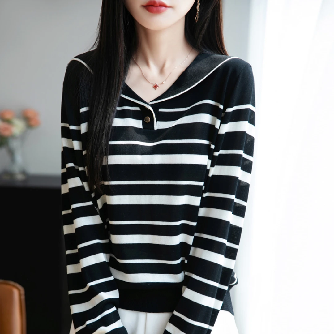 条纹女长袖毛针织衫女士毛衣打底衫套头宽松秋装101245