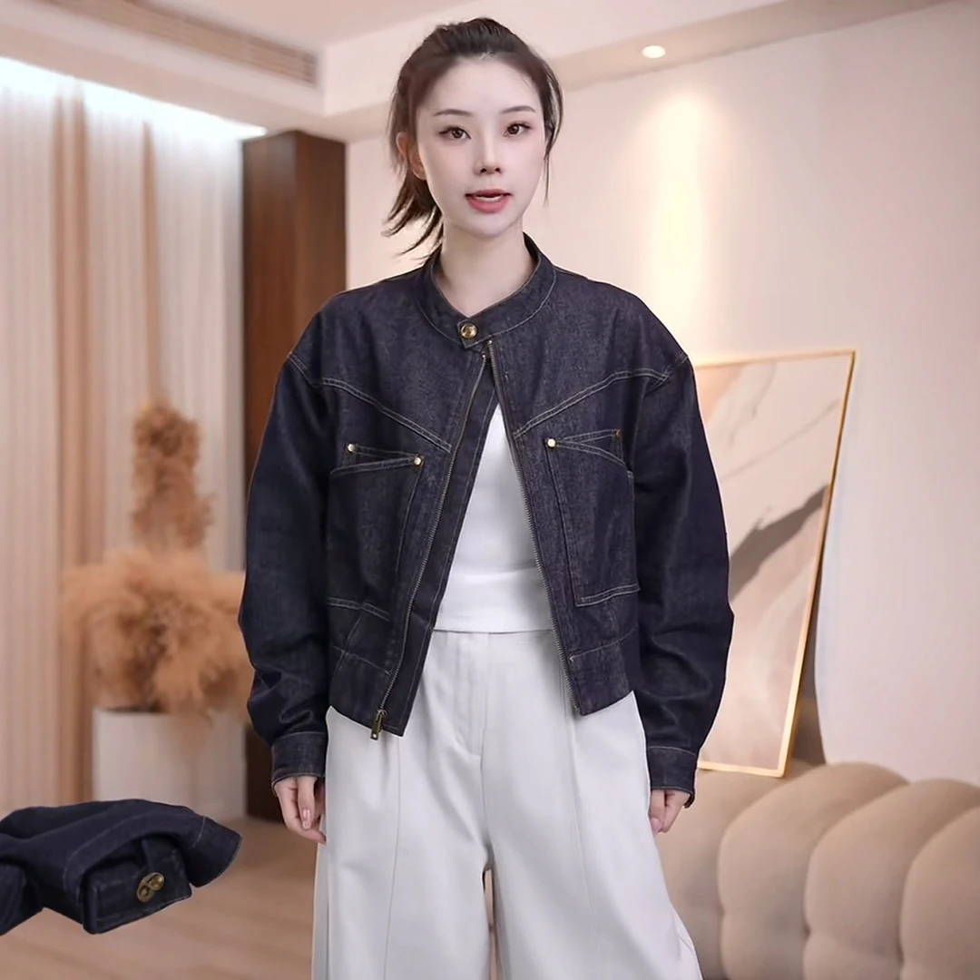 韩系秋季超好看时尚立领牛仔短外套女装爆款高级感洋气百搭夹克上