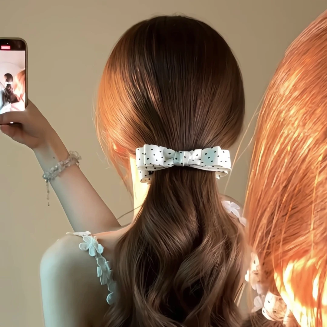 甜美复古黑白波点蝴蝶结香蕉夹气质百搭香蕉夹后脑勺头饰扭扭夹
