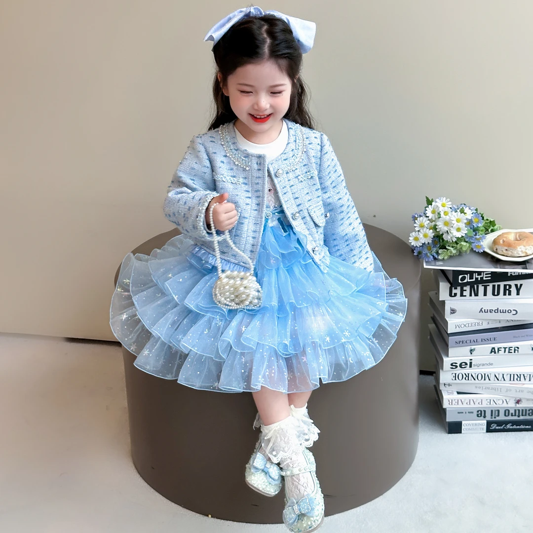 女童秋装连衣裙套装新款洋气儿童小香风艾莎蛋糕公主裙女宝两件套