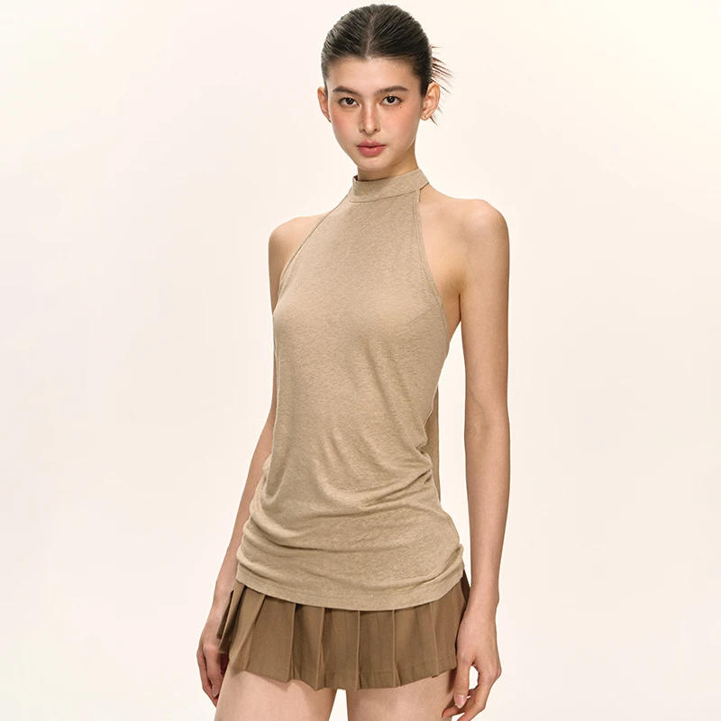 anna aneae 55亚麻挂脖吊带背心女夏季外穿修身短款无袖露背上衣