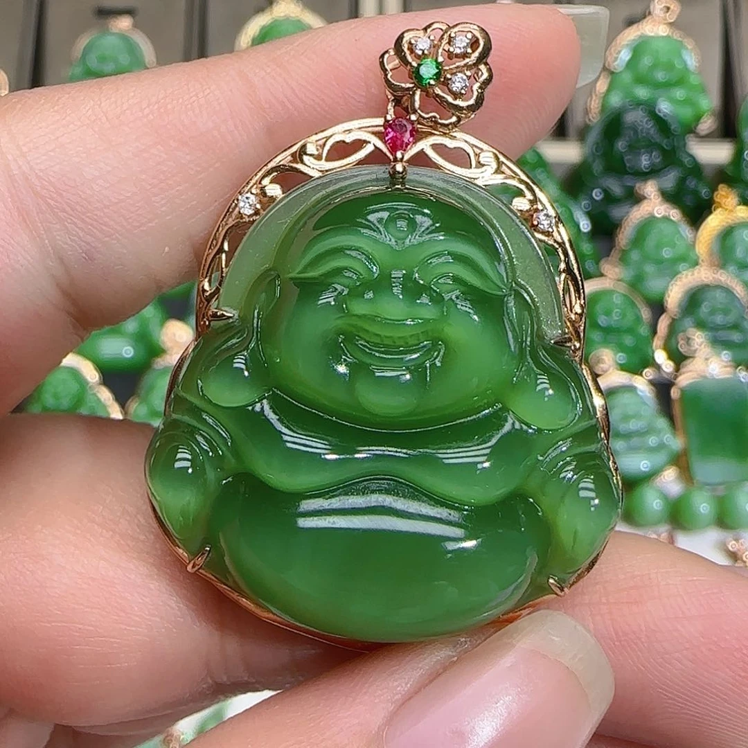 和田玉（碧玉）吊坠(不含链)18K金镶嵌