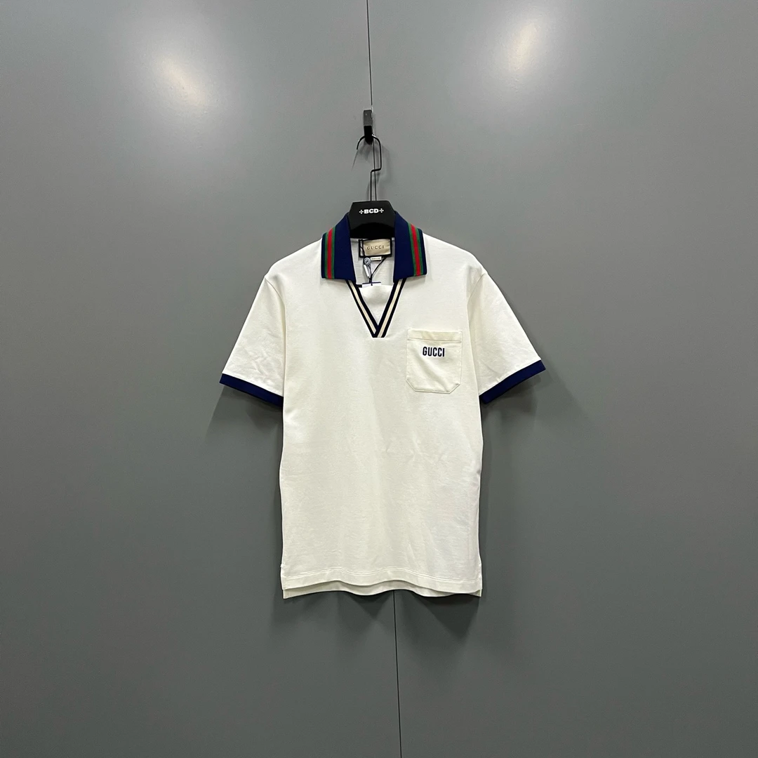 未使用 GUCCI/古驰 ab1118 020992 条纹饰边V领短袖polo衫 XS码