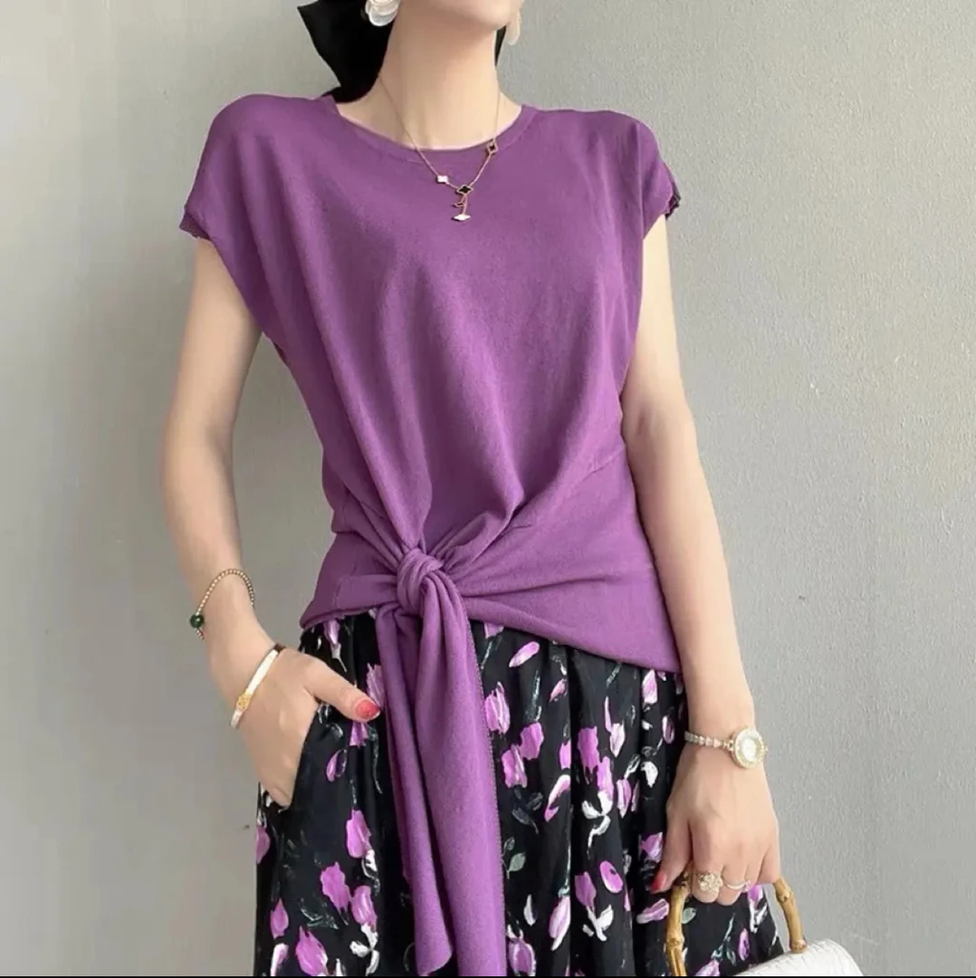 设计感洋气别致绑带上衣薄款短袖2025夏季女装气质针织衫圆领T恤