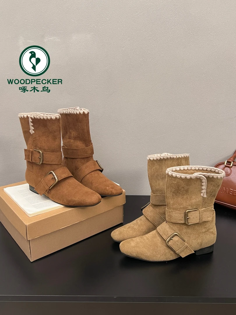 啄木鸟小众设计复古法式粗跟短靴2025新款中筒靴小方头西部靴
