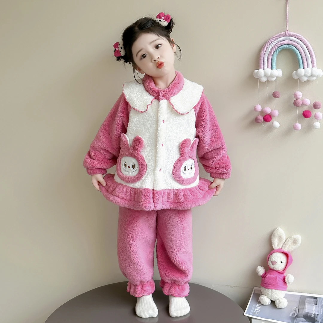女童珊瑚绒睡衣秋冬款加厚公主女宝宝法兰绒套装儿童拉布布家居服