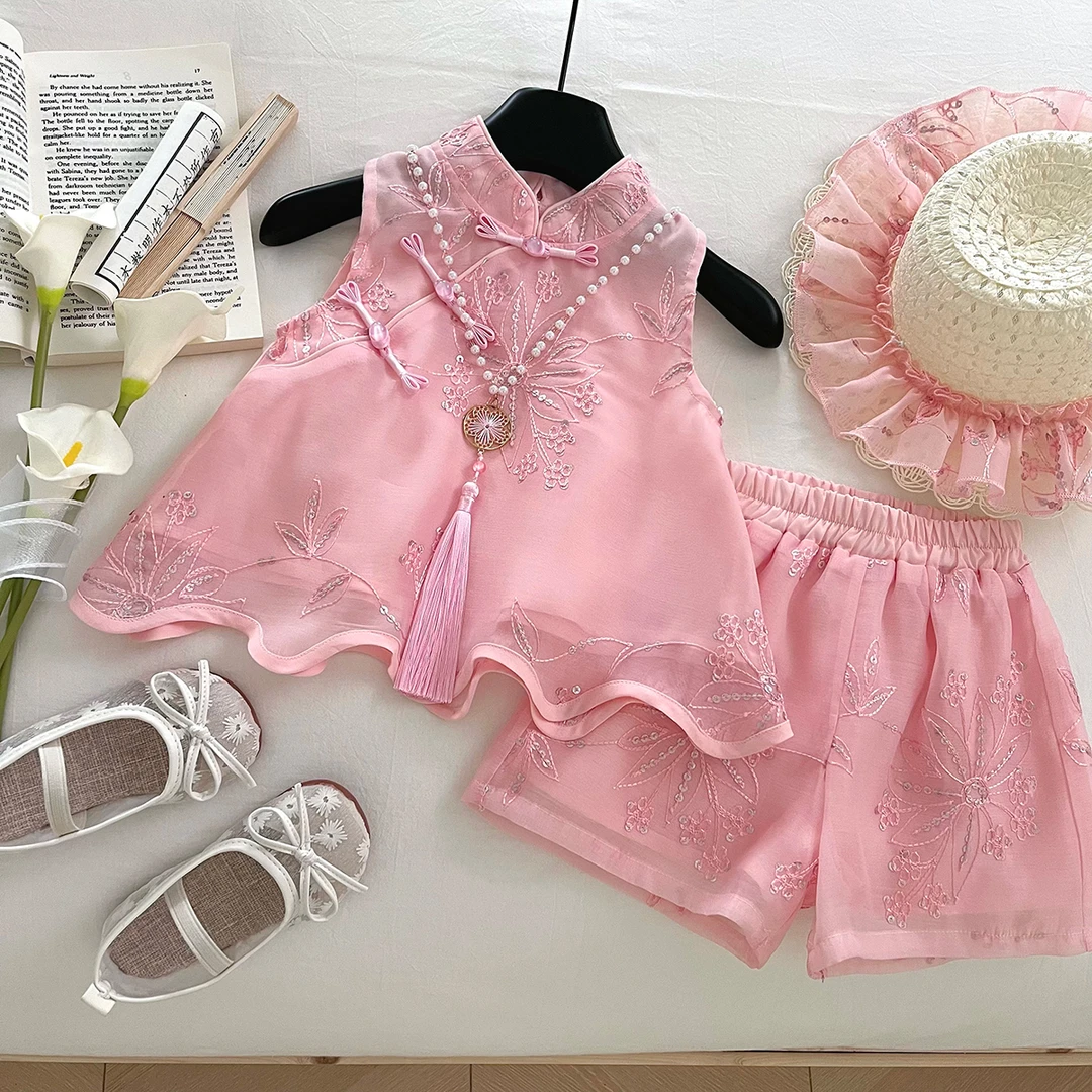 【现货】女童夏国风套装刺绣新中式两件套女宝复古无袖短裤SA30152