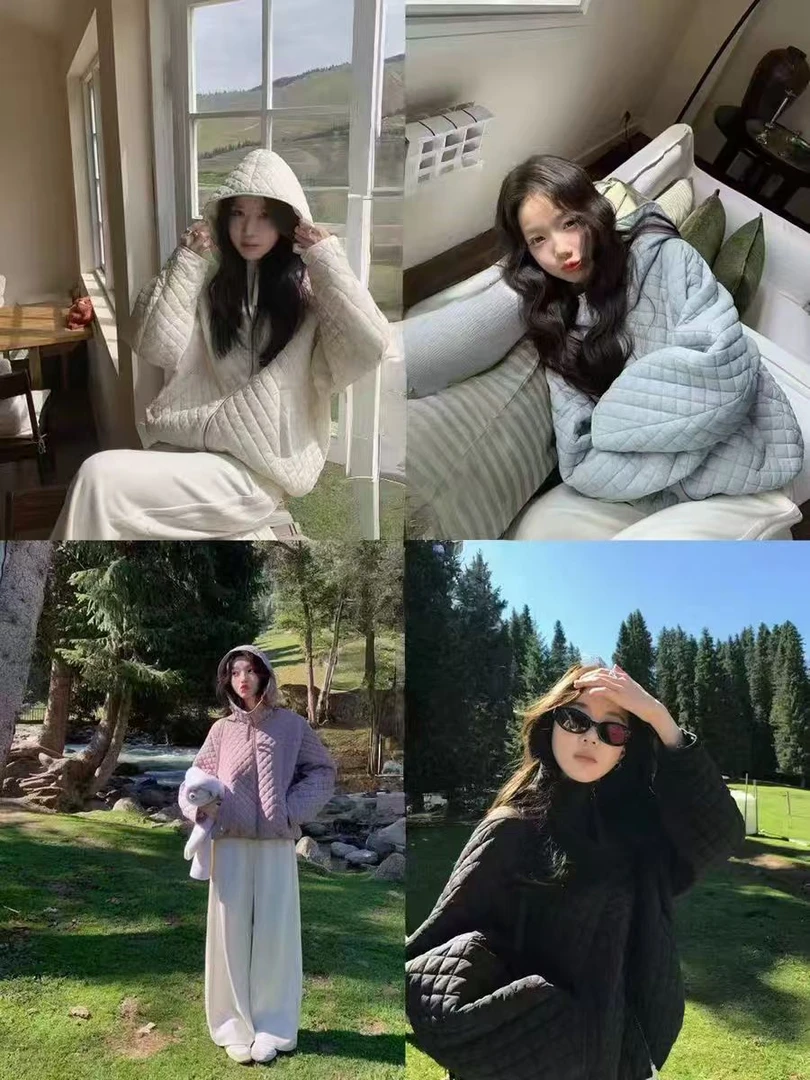 连帽保暖棉服外套女秋冬新款宽松简约时尚休闲设计感显瘦菱格棉衣