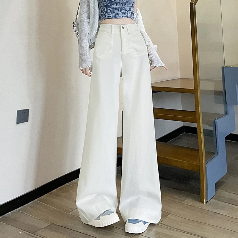 秋季25新款月光白微喇高腰阔腿裤子女装牛仔裤加绒弹力女新款裤子