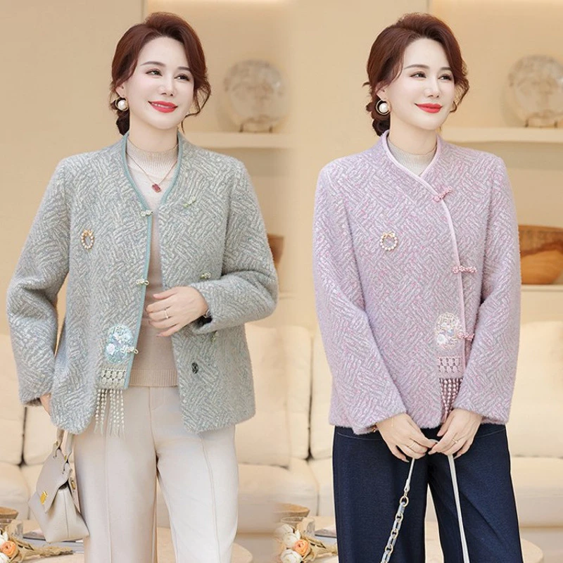 中老年妇女洋气秋装外套50岁妈妈春秋上衣贵夫人中式秋冬毛呢大衣