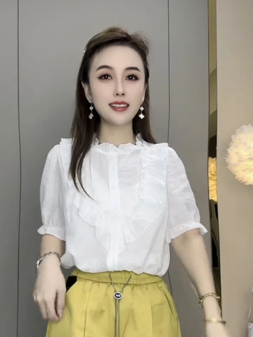 夏季新款拼接木耳边纯色女士衬衫时尚洋气百搭开衫上衣