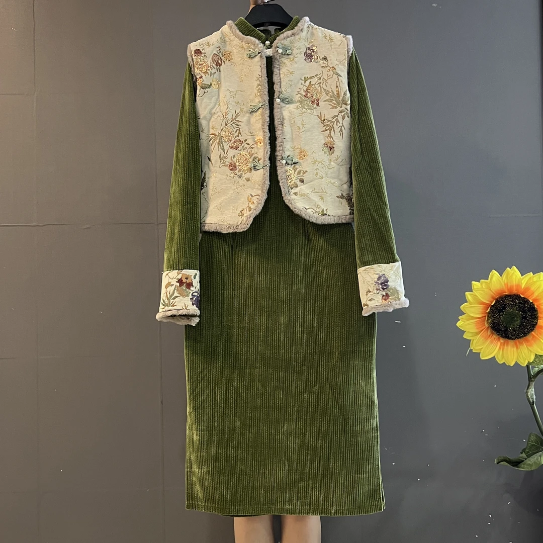新中式国风时尚显瘦马甲➕拼接袖口加厚旗袍裙复古两件套