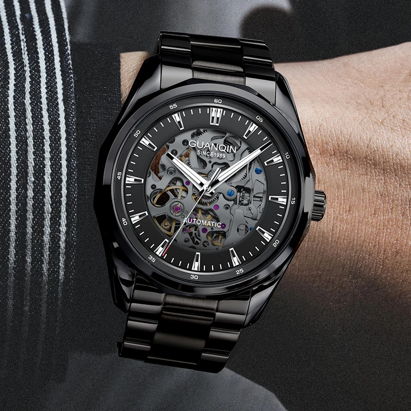 冠琴新款男士防水镂空全自动机械手表时尚夜光手表男进口机芯腕表