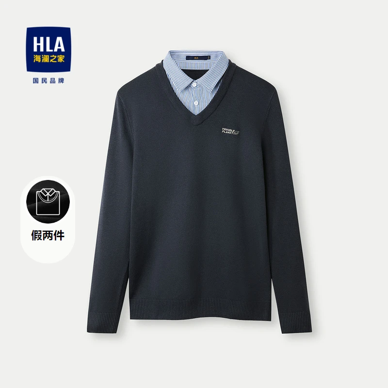 HLA/海澜之家麻烦星球系列双领针织衫套头衫假两件男