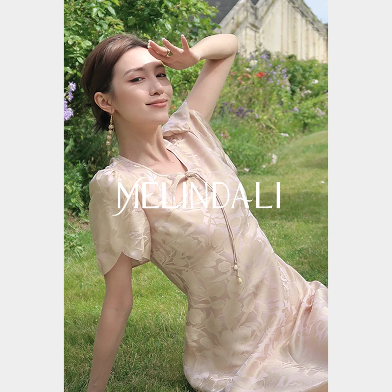 Melinda Li【凡尔赛花园】新中式桑蚕丝郁金香桑波缎斜襟旗袍连衣裙