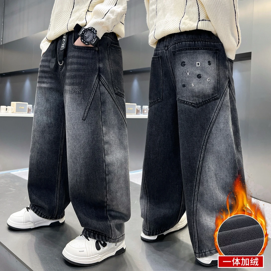 男童冬装裤子2025新款牛仔长裤一体加绒大儿童加厚男孩冬季初中生