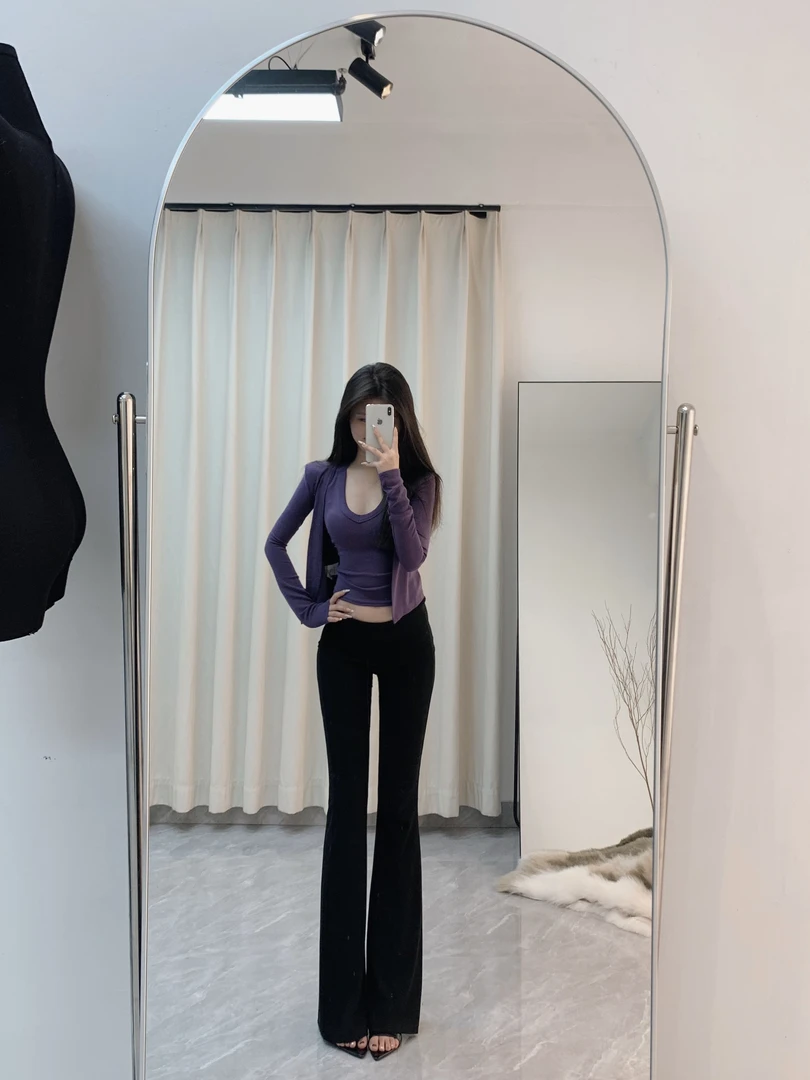 两件套上衣纯欲V领黑色牛仔高腰背心内搭掐腰显瘦+带垫肩百搭开衫