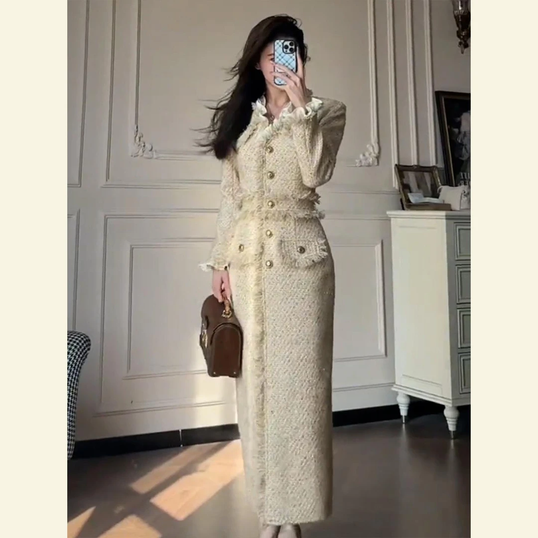 秋冬温柔富家千金感长裙名媛气质女神范重要场合小香风收腰连衣裙