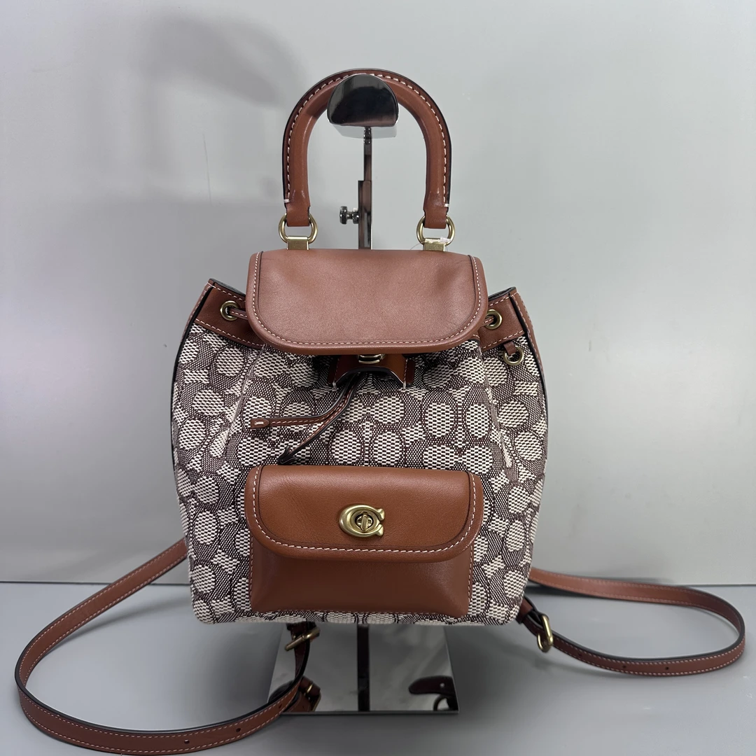 95新 COACH/蔻驰 小林/棕色织物老花双肩包19*21*12cmBM082511
