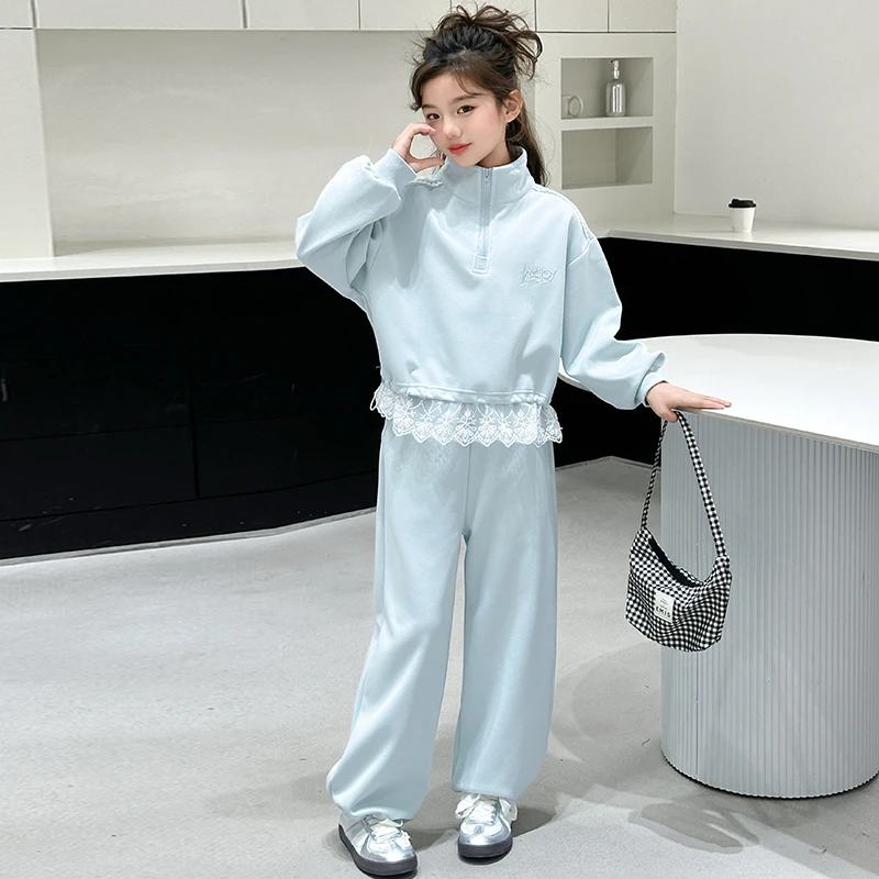 女童立领蕾丝边卫衣套装2025新款洋气时髦春秋儿童运动休闲两件套