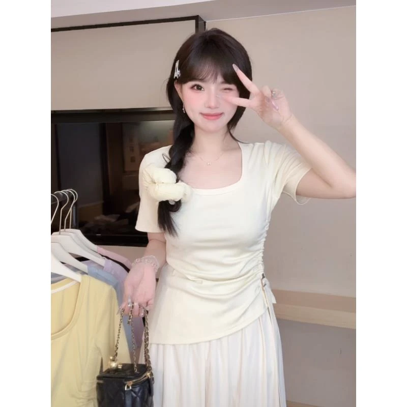 【现货】胖mm夏季法式方领多色上衣下摆开叉不规则遮肚显瘦T恤04039