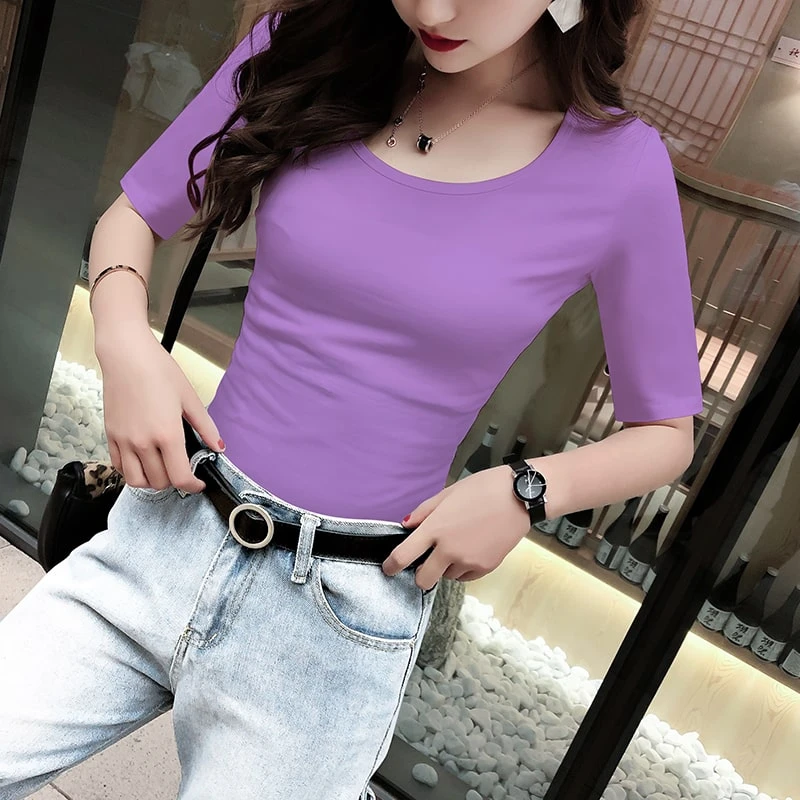 棉紫色v领上衣女白色中袖t恤夏季半袖百搭五分袖体恤学生紧身潮