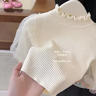韩国童装女童打底衫秋冬洋气百搭米色泡泡袖针织衫半高领毛衣