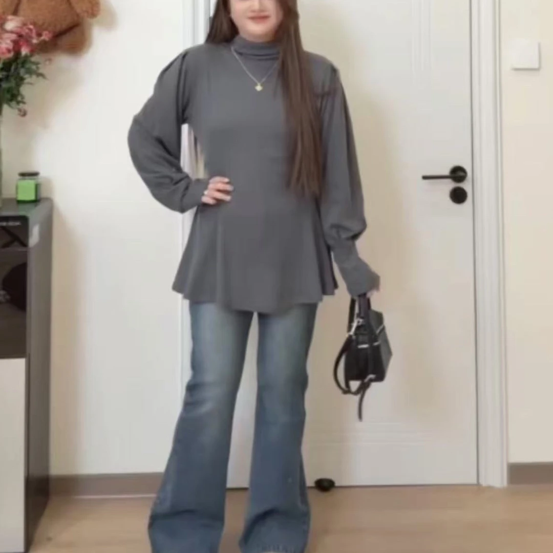 2025年冬季新款时尚简约半高领显瘦百搭灯笼袖上衣