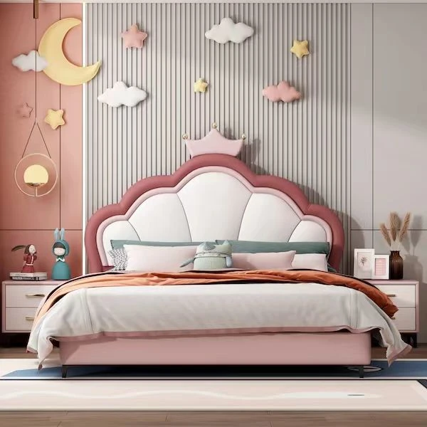 公主床粉色女孩床实木床儿童房双人床可爱大气真皮软包家用卧室