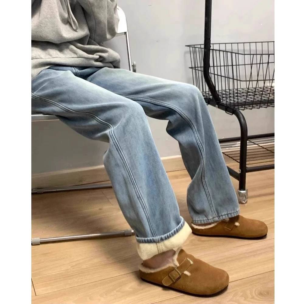 孕妇牛仔裤秋冬加绒宽松直筒裤女冬季加厚外穿阔腿裤春秋拖地长裤